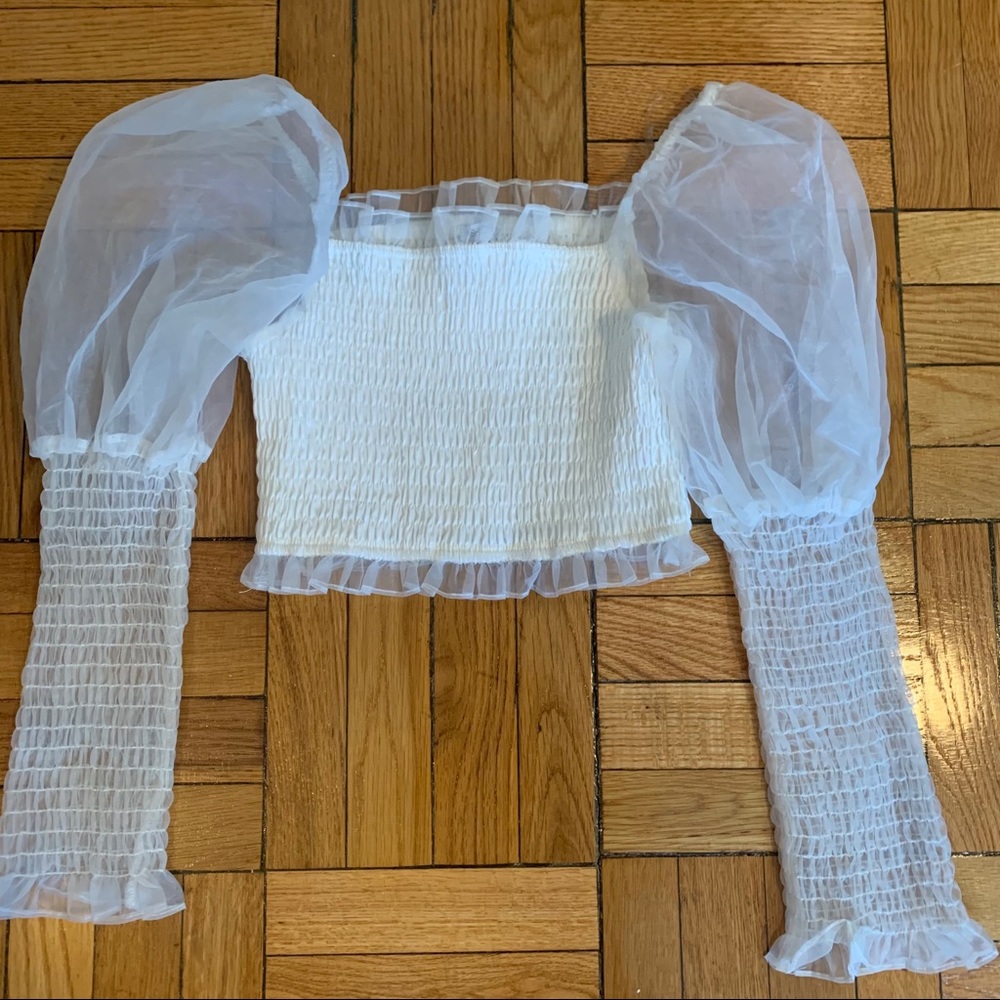WHITE BANDED CROPPED PUFF SLEEVE BLOUSE